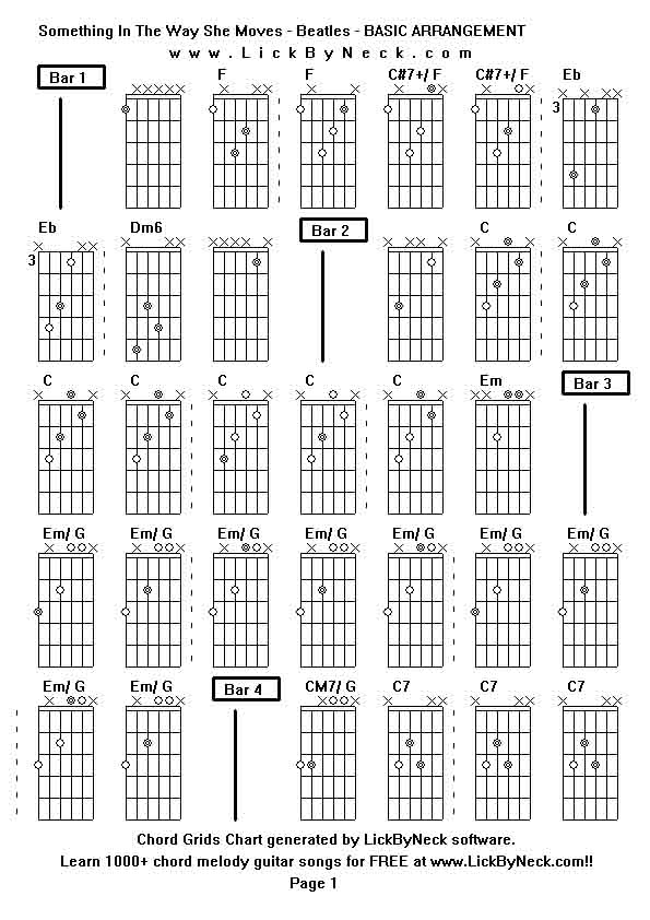 Chord Grids Chart of chord melody fingerstyle guitar song-Something In The Way She Moves - Beatles - BASIC ARRANGEMENT,generated by LickByNeck software.
